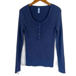 Alcea Rosea Blue Low Scoop Neck Long Sleeve Thermal Fitted Sweater Size Large